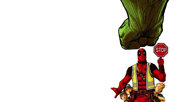 Deadpool holding a stop sign under Hulk's fist