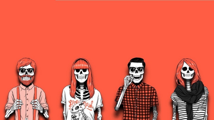 Four stylized skeletons with human hair and clothing