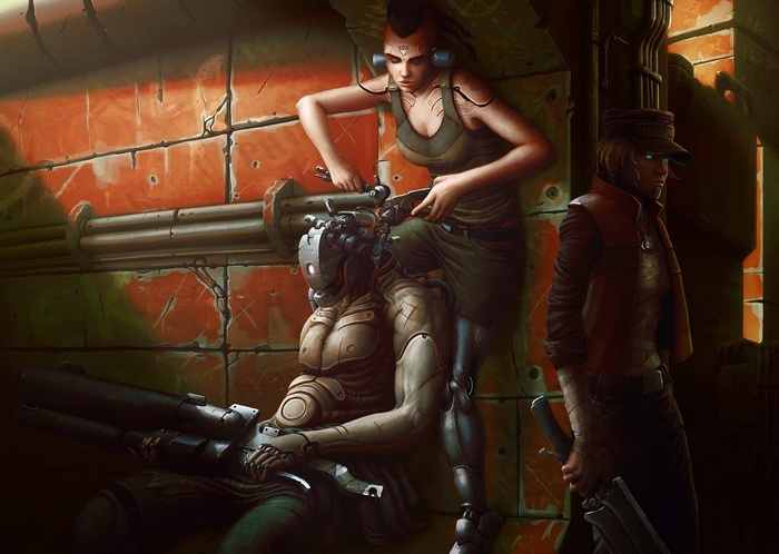 Futuristic artwork of robots and women with weapons