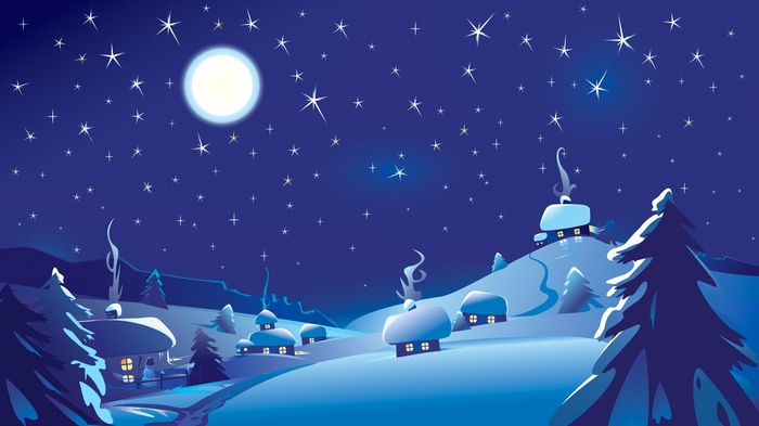 sky, vector art, winter, hills, night, blue, house, nature, smoke, clouds, snow, digital art, Moon, pine trees, fantasy art, landscape, lights, glowing, stars