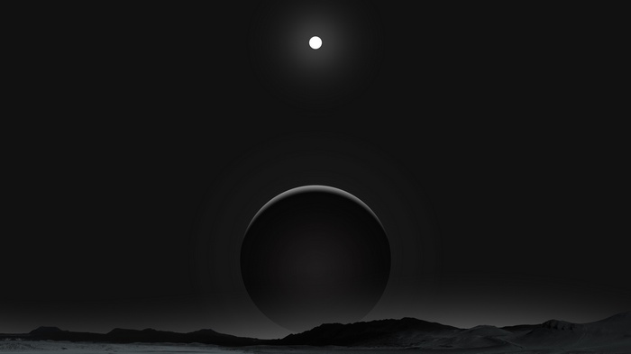 A dark planet with a bright moon in the sky