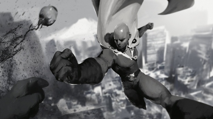 Saitama from One-Punch Man in a city battle
