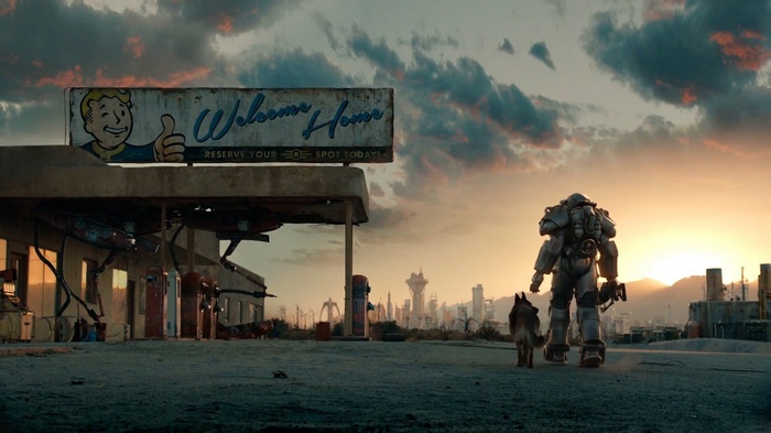 Fallout 4: Power Armor Soldier and Dog in Apocalyptic Landscape