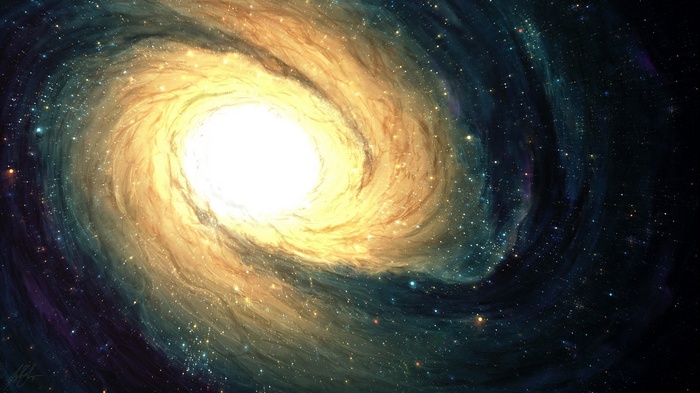 A swirling galaxy with a bright core and stars