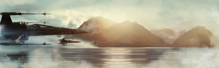 Star Wars X-wings fly over a misty lake with mountains