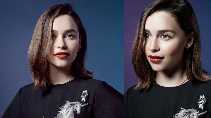Emilia Clarke with red lipstick and unicorn brooch