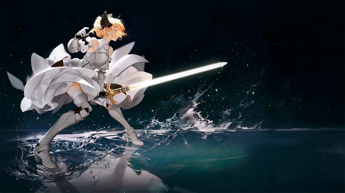 Saber Lily with a glowing sword in water
