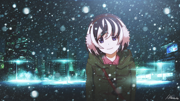 Hanekawa Tsubasa in a Snowy City at Night