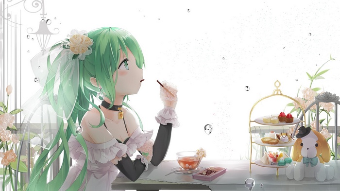 Hatsune Miku having tea with a dog plushie