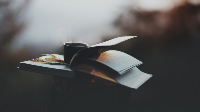 books, coffee, depth of field, fall, leaves