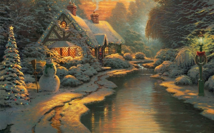 Thomas Kinkade Christmas Cottage with Snowman and Stream