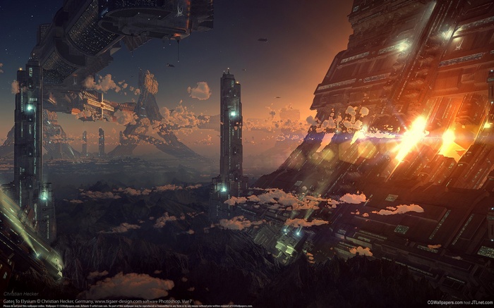 Futuristic city with towering structures and clouds at sunset