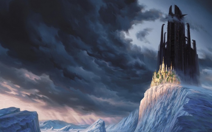 Fantasy castle on a snowy cliff under stormy clouds