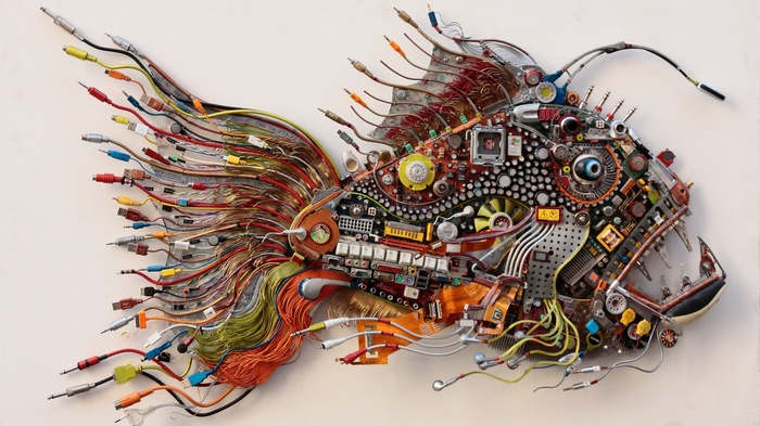 earphones, Hi-Tech, circuit boards, circuits, computer, CPU, wires, cyber, Microsoft Windows, fin, electronics, artwork, technology, keyboards, capacitors, Anglerfish, motherboards, processor, PCB, USB, fangs, white background