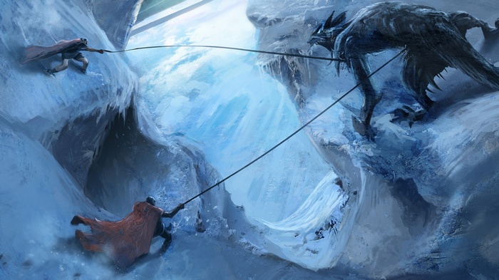 Fantasy art of a creature and climbers in ice