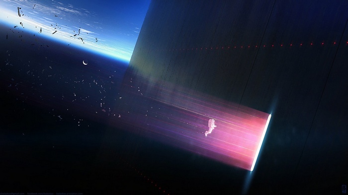 Astronaut floating near a massive space structure by Christopher Balaskas