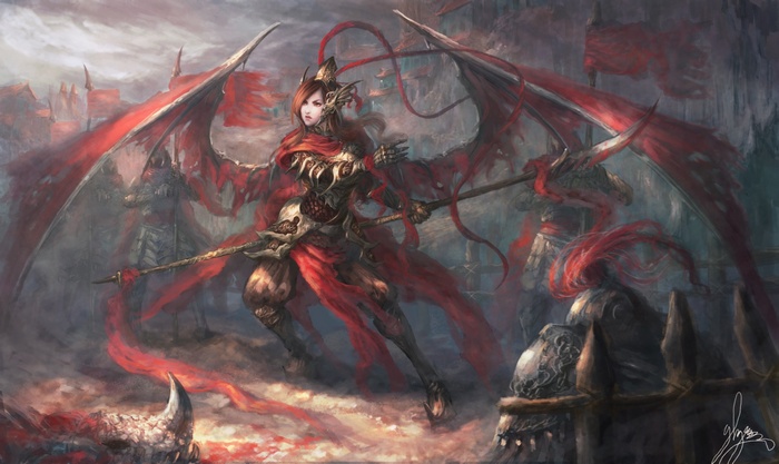 Fantasy warrior with dragon wings and a spear