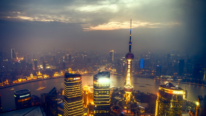 Shanghai skyline with Oriental Pearl Tower at dusk