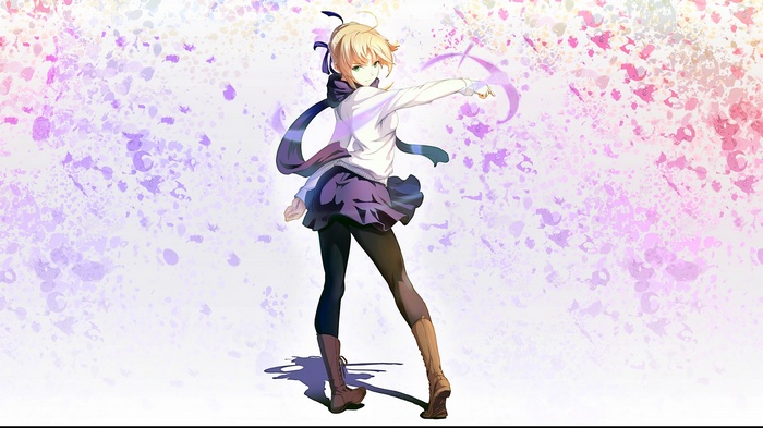 Saber from Fate Series with green eyes and blonde hair