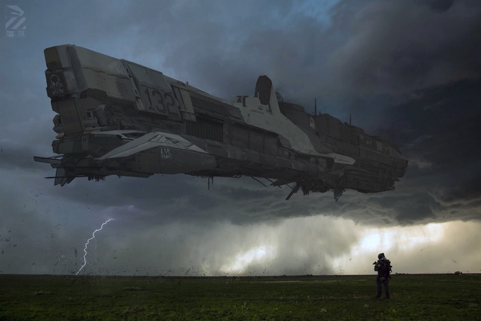 Spaceship hovering in a stormy sky over a field