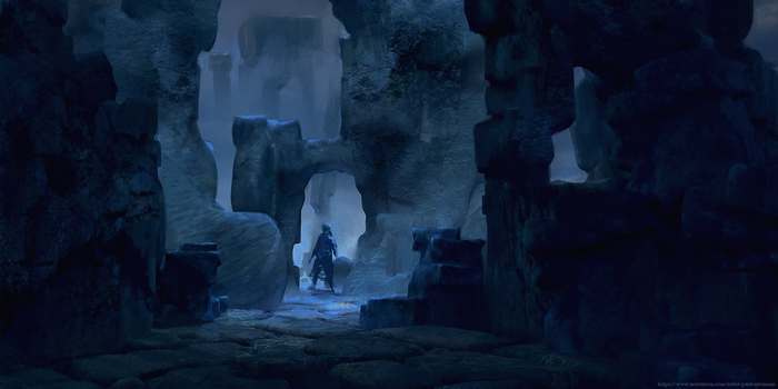 Figure in a dark, rocky cave ruin