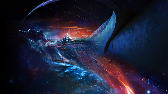 Fantasy ship sailing through a cosmic waterfall