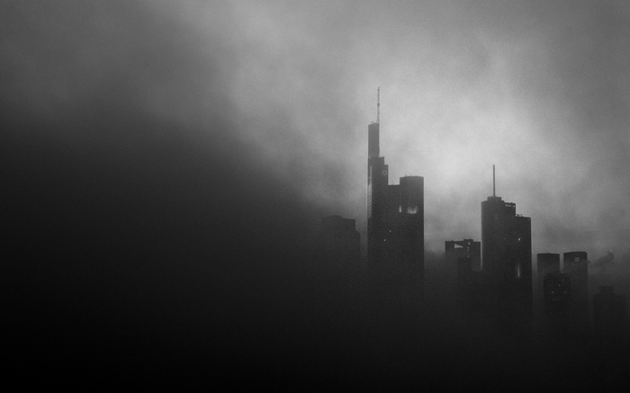 City skyline shrouded in mist