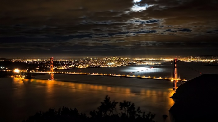 Golden Gate Bridge at night with San Francisco skyline