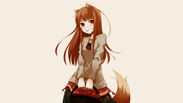 Holo from Spice and Wolf holding a basket of apples