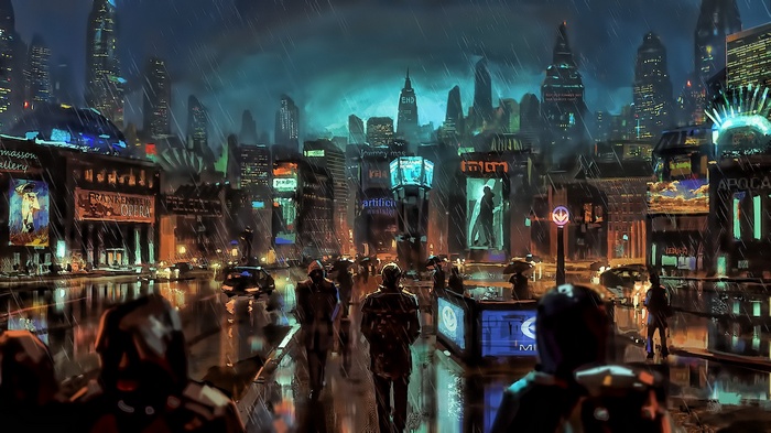 Rainy cyberpunk city street with neon signs