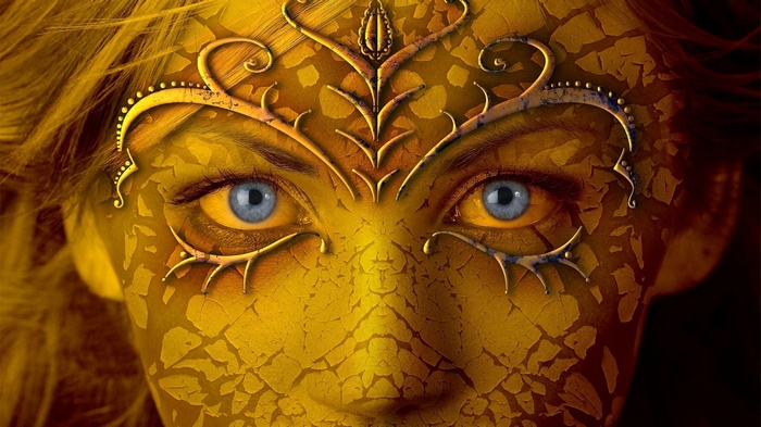 Fantasy art of a woman with golden cracked skin