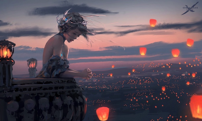 Fantasy art of a woman releasing lanterns
