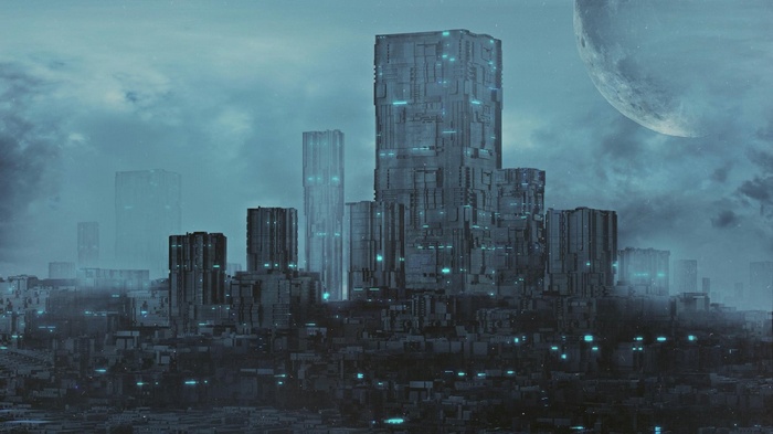 Monochrome fantasy art of a futuristic city