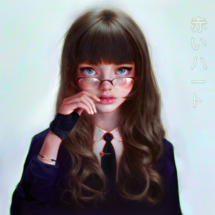 Fan art of a girl with blue eyes and glasses