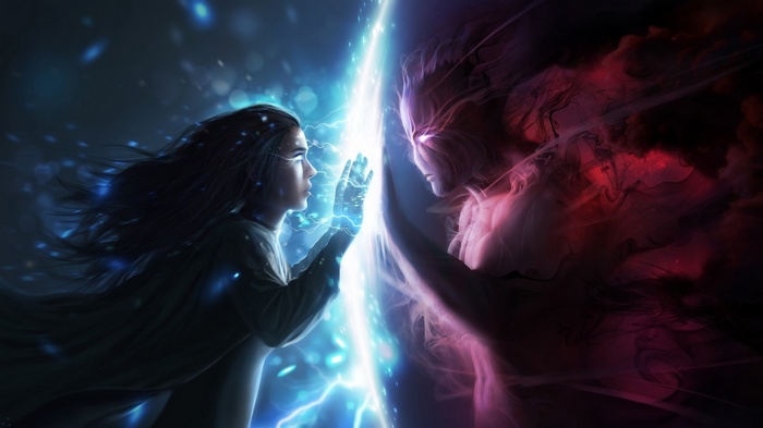 A young person and a demon face each other