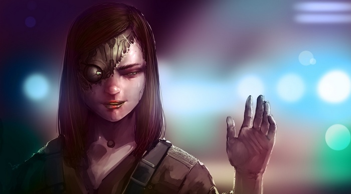 Robot woman with cybernetic eye waving