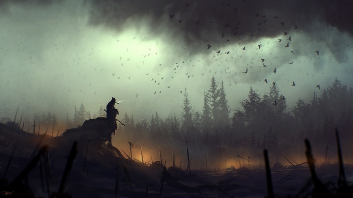 Samurai smoking on a hill with birds flying