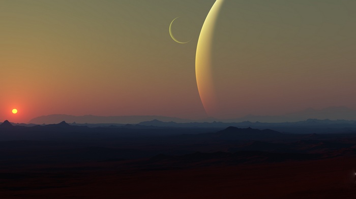 Alien planet landscape with two moons and a sun