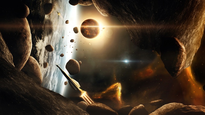 Spaceships navigate an asteroid field near a planet