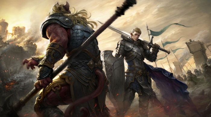 Fantasy art of a battle between a demon and a knight