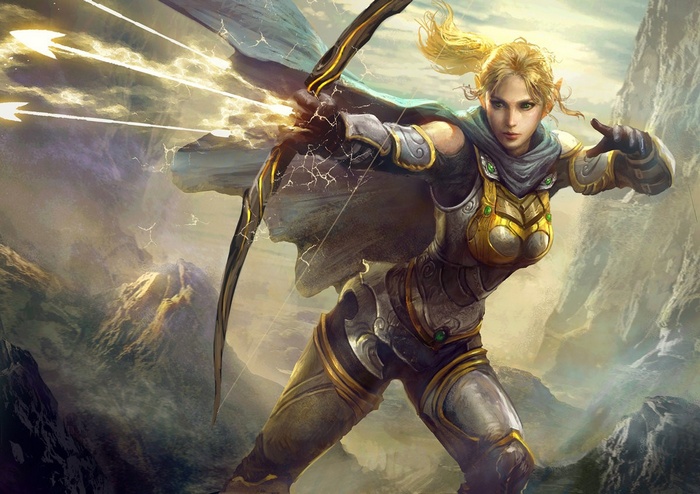 Fantasy Archer Shooting Arrows in Mountains