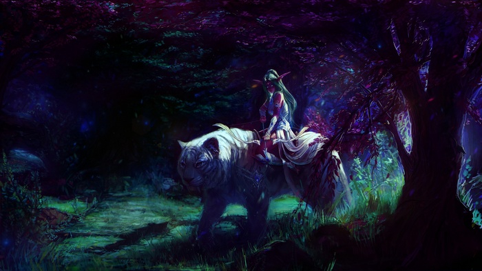 Tyrande riding a white tiger in a dark forest