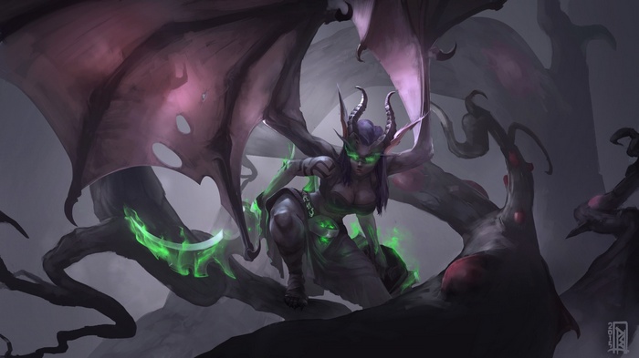 Demoness with wings and green energy in a dark forest