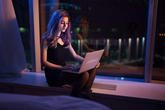 Galina Rover working on a laptop at night