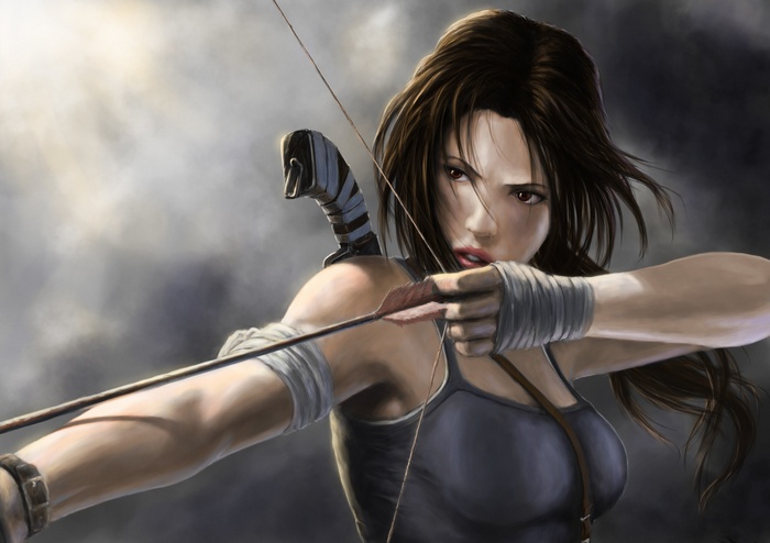 Lara Croft aiming a bow and arrow