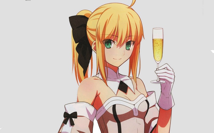 Saber Lily holding a glass of champagne