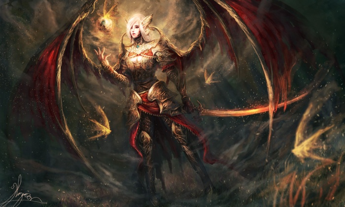Fantasy girl with dragon wings and sword