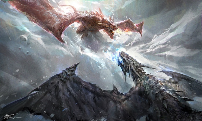 Two dragons fighting in a snowy landscape