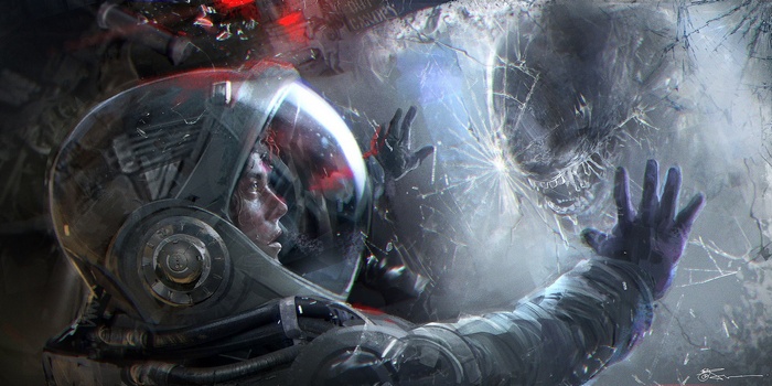 Astronaut faces Xenomorph through cracked glass