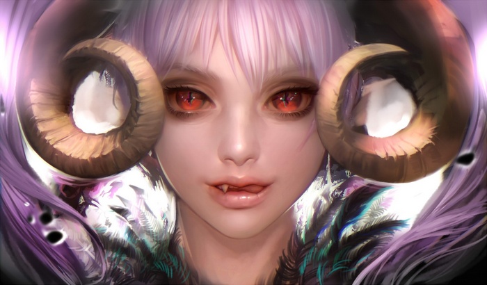 Demon girl with ram horns and red eyes
